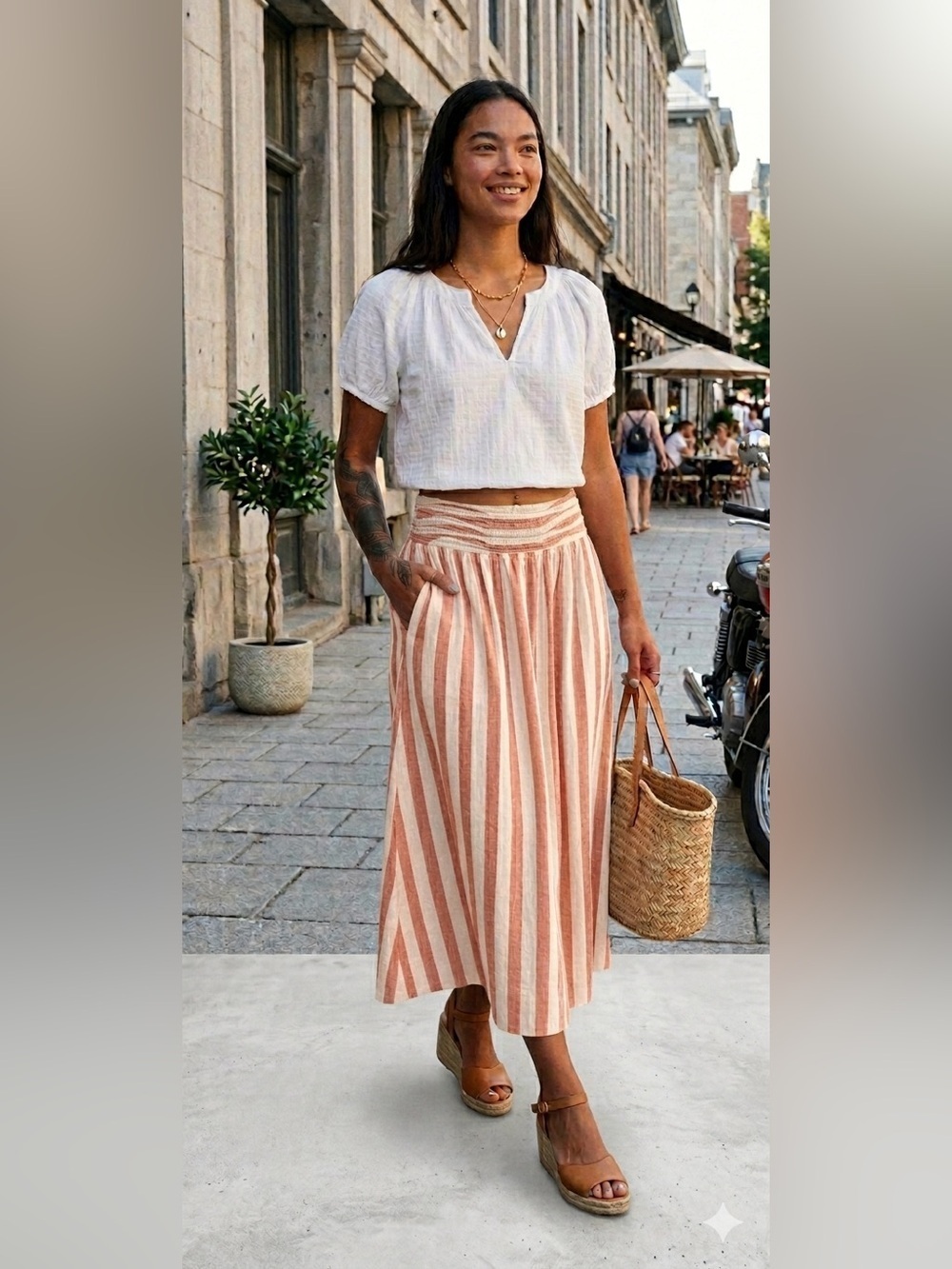 Free People Canyon Cotton Linen Blend Striped Midi Skirt Pockets Cottagecore | L